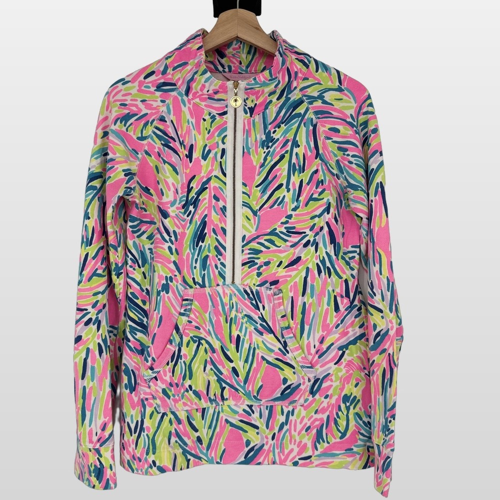 Lilly Pulitzer Quarter Zip Pullover Womens S Pink Blue Abstract Skipper Popover